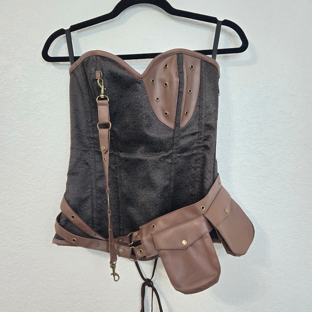 Charmian L Brown Steampunk Corset Top Faux Leather Accents Renaissance Cosplay